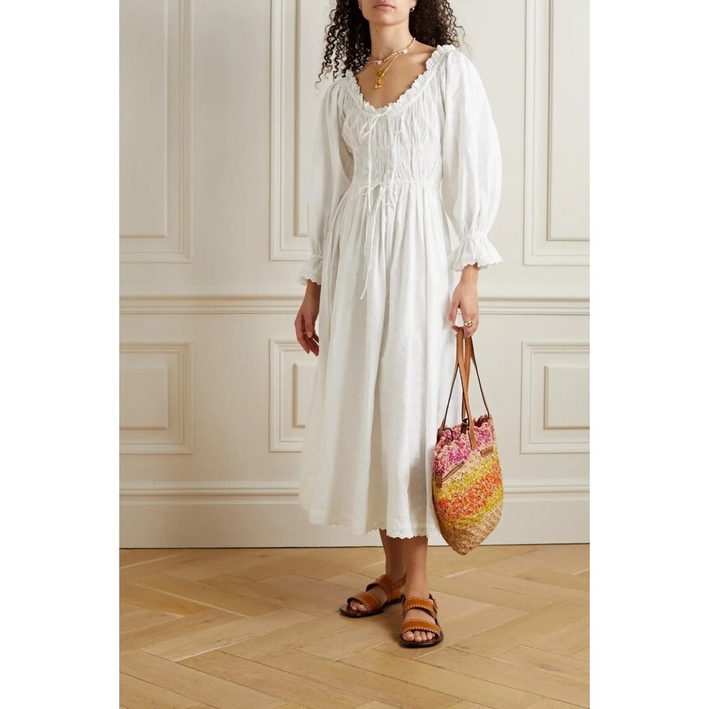 Doen Isolde Midi Dress Salt White Eyelet Cotton Smocked Puff Sleeve Womens XL - Picture 15 of 16